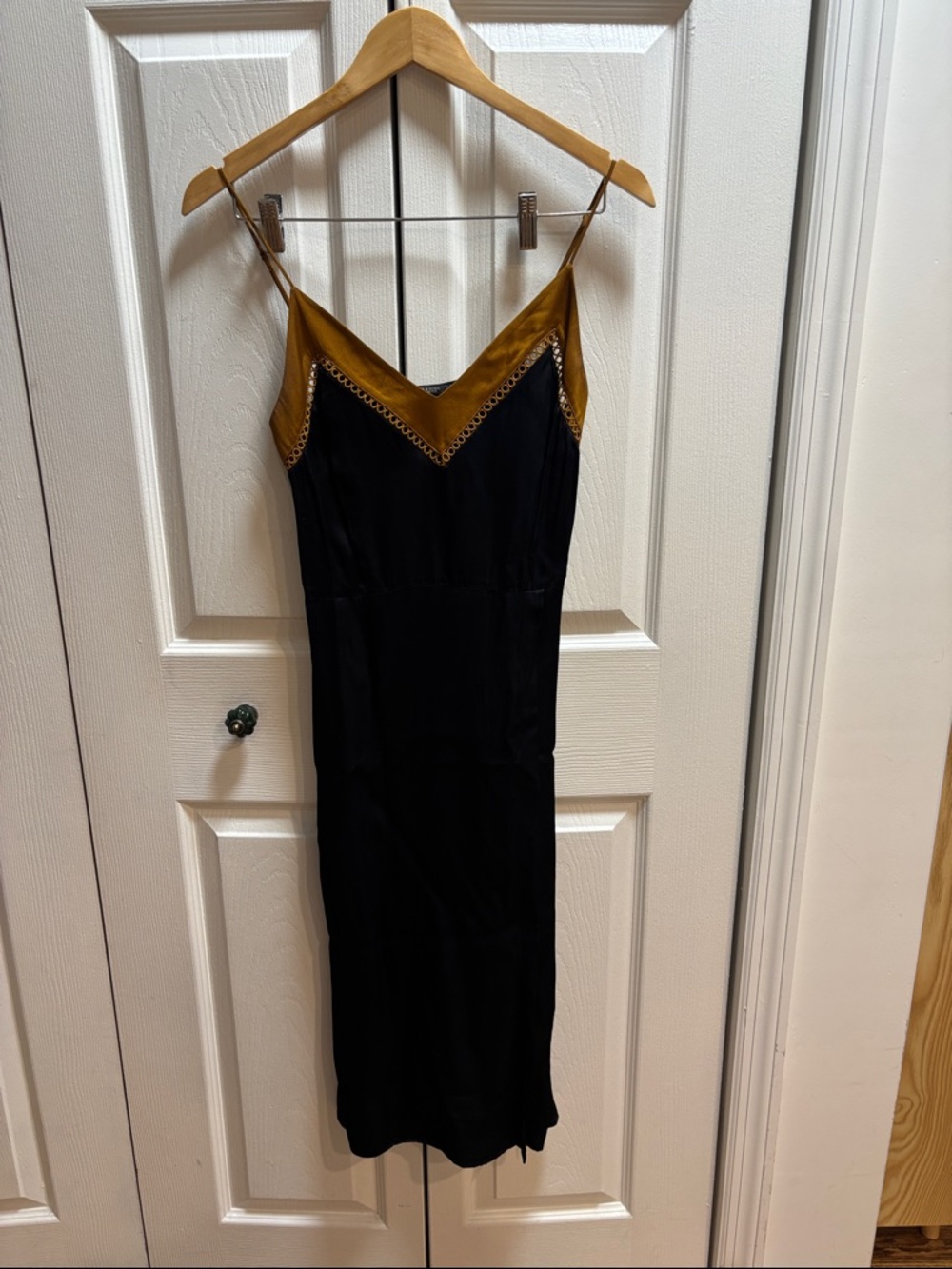 Scotch & Soda Black Midi Slip Dress with Mustard Trim Detail